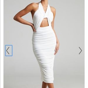 CUT OUT RUCHED MIDI DRESS IN WHITE